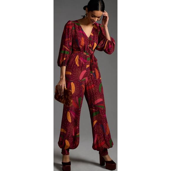 NWT Farm Rio Wrap Jumpsuit Red printed size XS Boho Tropical preppy - Picture 1 of 13